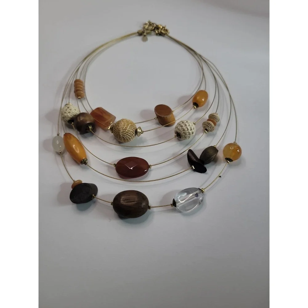 Chico's Multi Strand Beaded Necklace Brown Tan Orange Statement Boho Jewelry